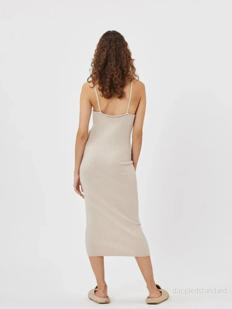 Beige Lång Strappy Minimal Knit Klänning - Bild 3